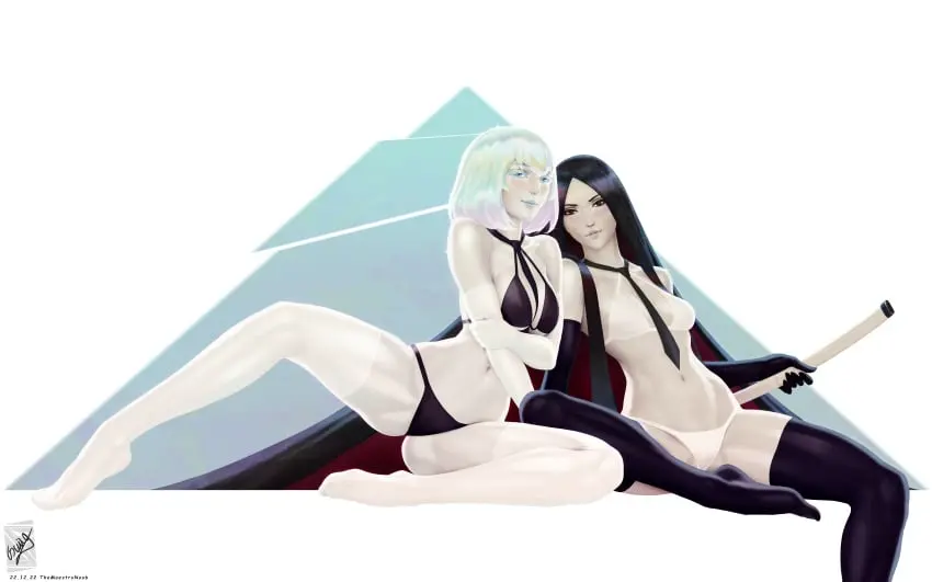 Image female,light_skin,looking_at_viewer,2girls,black_hair,blue_hair,multiple_girls,shiny_hair,themaestronoob,leaning_on_person,bort_(land_of_the_lustrous),diamond_(land_of_the_lustrous),land_of_the_lustrous