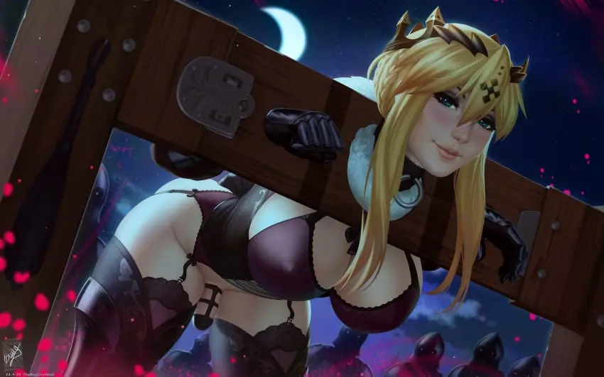 Image big_breasts,breasts,clothed,clothing,human,light_skin,smooth_skin,standing,black_legwear,penis,thighhighs,1futa,futanari,intersex,light-skinned_futa,solo_focus,piercing,blonde_hair,green_eyes,futa_only,moon,night,bent_over,bottomless,chastity_cage,partially_clothed,bondage,nipple_piercing,pierced_nipples,fate_(series),bound,stocks,garter_straps,stationary_restraints,chastity,chastity_device,futasub,fate/grand_order,artoria_pendragon,artoria_pendragon_(lancer),pillory,themaestronoob,futa_chastity,futa_sub
