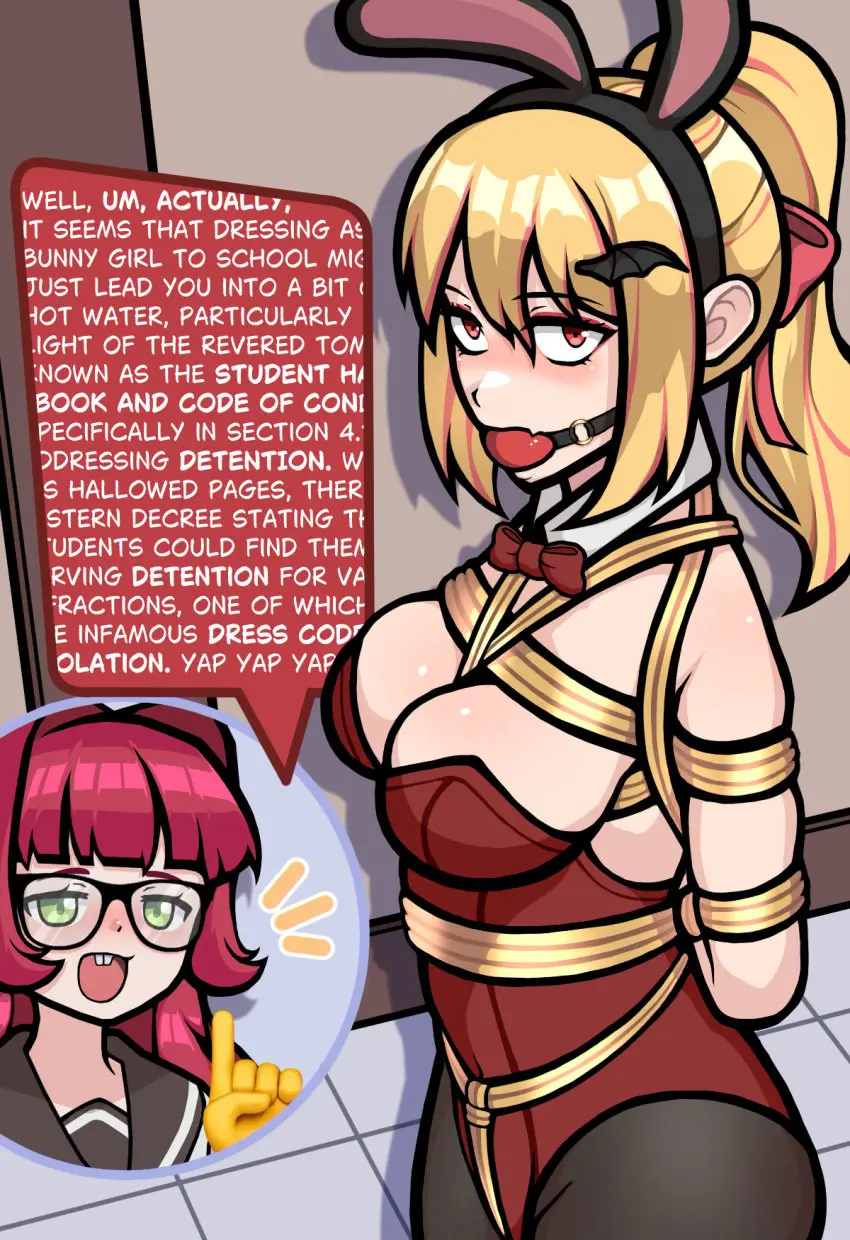 Image breasts,female,female_only,2girls,multiple_girls,text,blonde_hair,medium_breasts,original,original_character,bunny_ears,bunny_girl,tight_clothing,nerd,english_text,bunnysuit,bondage,femsub,fully_clothed,bowtie,ball_gag,bound,gag,dressed,metsa-sketch