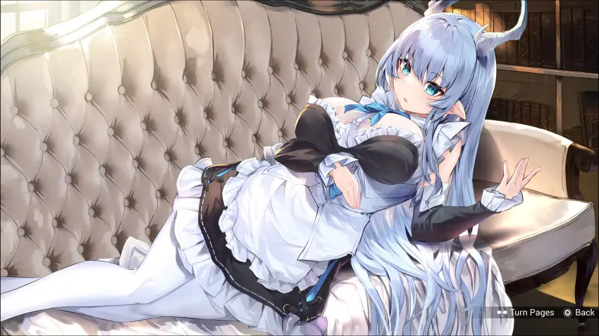Image breasts,female,long_hair,blue_hair,thighhighs,horns,solo_female,huge_breasts,maid,leggings,dressed,dragon_girl,screenshots