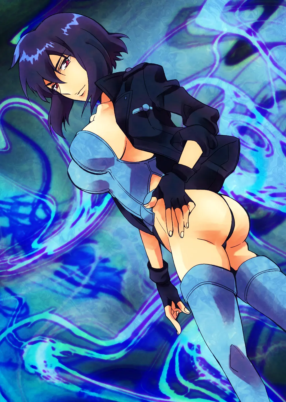 Image breasts,female,looking_at_viewer,solo,ass,thighs,purple_hair,jacket,leotard,ghost_in_the_shell,kusanagi_motoko,kaze_tsuyu_tsuchi_ryuu