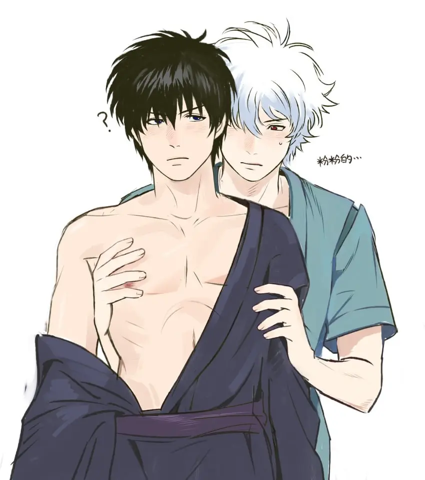 Image blush,white_hair,black_hair,male,2boys,male_only,yaoi,pale_skin,gay,sweatdrop,off_shoulder,groping,?,kimono,toned,japanese_clothes,groping_from_behind,toned_male,pale-skinned_male,gintama,gintoki_sakata,hijikata_toshiro,pec_grasp,sapomu4,jinbei_(clothing)