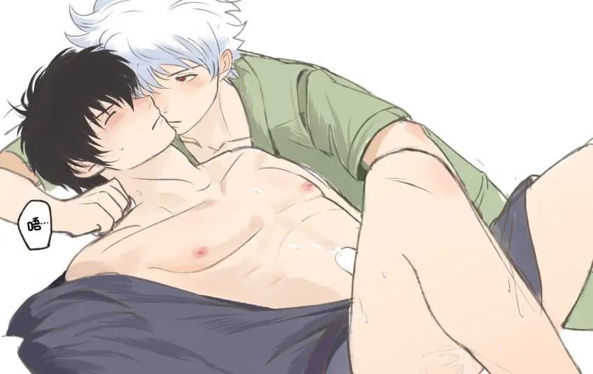 Image blush,open_clothes,white_hair,black_hair,cum,male,penis,on_back,2boys,male_only,yaoi,censored,gay,sweatdrop,closed_mouth,looking_at_another,cum_on_body,kimono,toned,open_kimono,cum_on_self,japanese_clothes,toned_male,gintama,gintoki_sakata,hijikata_toshiro,sapomu4,jinbei_(clothing),implied_handjob