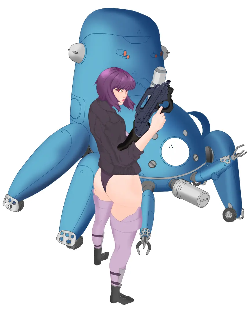 Image 1girls,female,white_background,thighhighs,ass,purple_hair,jacket,leotard,behind_view,ghost_in_the_shell,kusanagi_motoko,tachikoma
