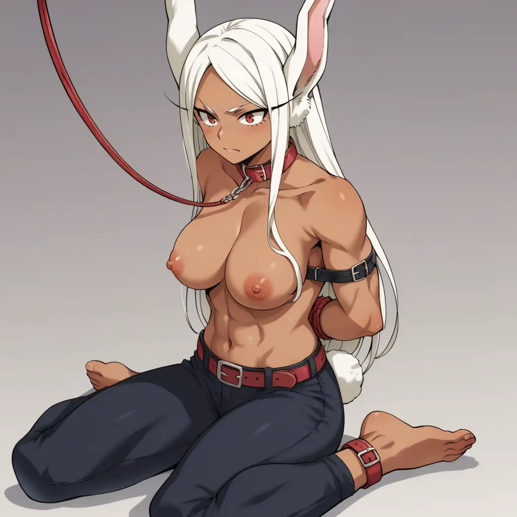 Image breasts,female,long_hair,nipples,pants,parted_bangs,red_eyes,white_hair,navel,dark_skin,feet,ai_generated,my_hero_academia,stable_diffusion,sitting,bunny_ears,bunny_girl,dark-skinned_female,topless,restrained,collar,closed_mouth,belt,bunny_tail,bondage,abs,leash,cuffs,black_pants,miruko,rumi_usagiyama,slave,long_eyelashes,ankle_cuffs,bereft