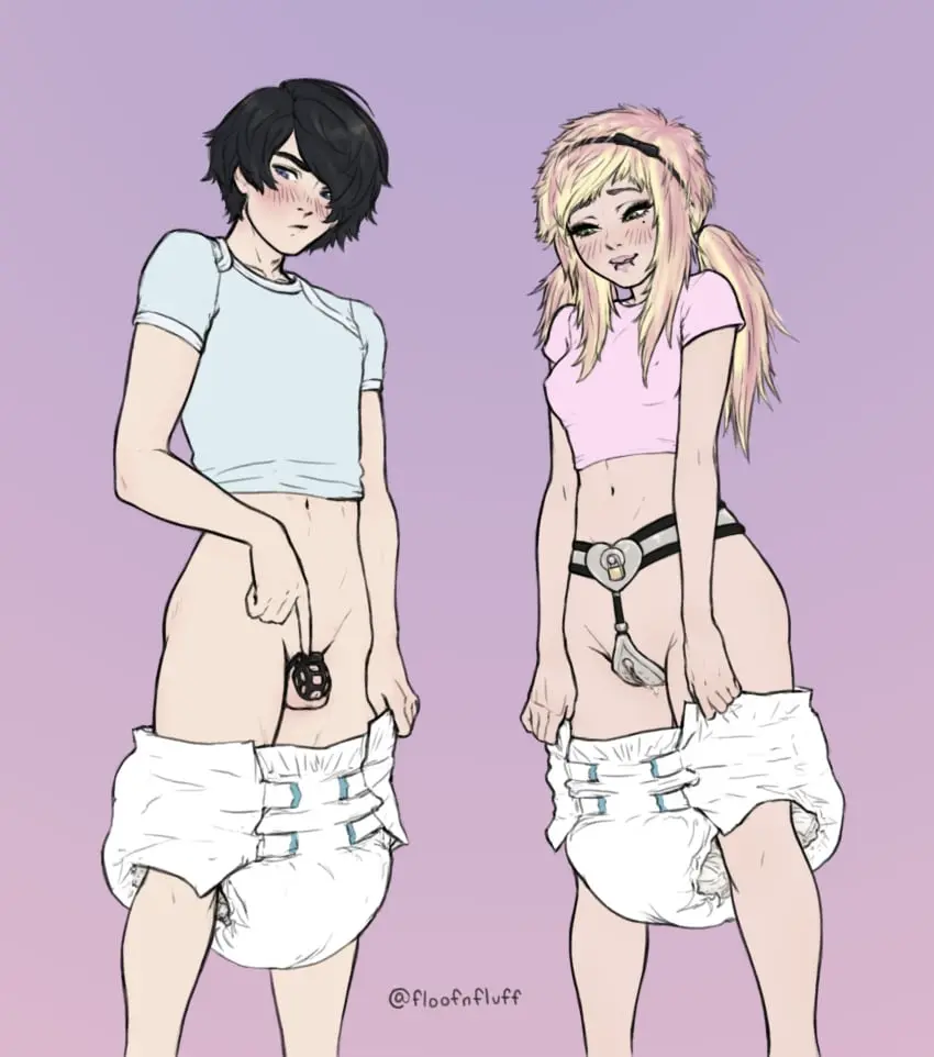 Image 1girls,blush,female,1boy,male,penis,embarrassed,pussy_juice,dick,chastity_cage,exposed_pussy,chastity,chastity_device,emo,diaper,exposed_penis,chastity_belt,female_chastity,embarrassed_male,floofnfluff,diaper_pull,male_chastity