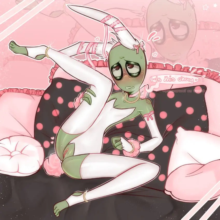 Image blush,female,red_eyes,pussy,choker,intersex,green_skin,pussy_juice,stockings,bunny_ears,self_upload,bedroom,legs_apart,bunny_tail,bunnysuit,cuntboy,pillow,leotard,text_bubble,bald,ribbons,buttplug,before_sex,cuntboy_only,showing_off,pearl_necklace,fuckboy,fuckgirl,salad_fingers,salad_fingers_(series),saladussy