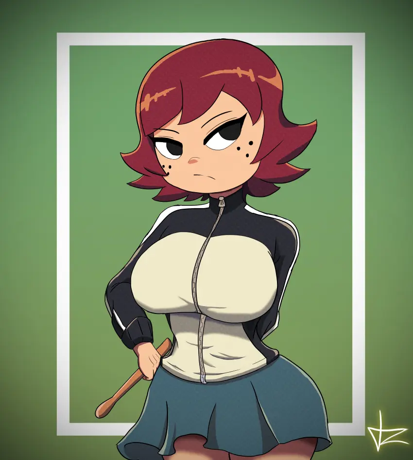 Image 1girls,big_breasts,breasts,clothing,female,female_only,large_breasts,solo,short_hair,red_hair,freckles,solo_female,hair,huge_breasts,alternate_version_available,hand_on_hip,skirt,holding_object,black_eyes,jacket,blue_skirt,freckles_on_face,topwear,bottomwear,kim_pine,scott_pilgrim,danzq