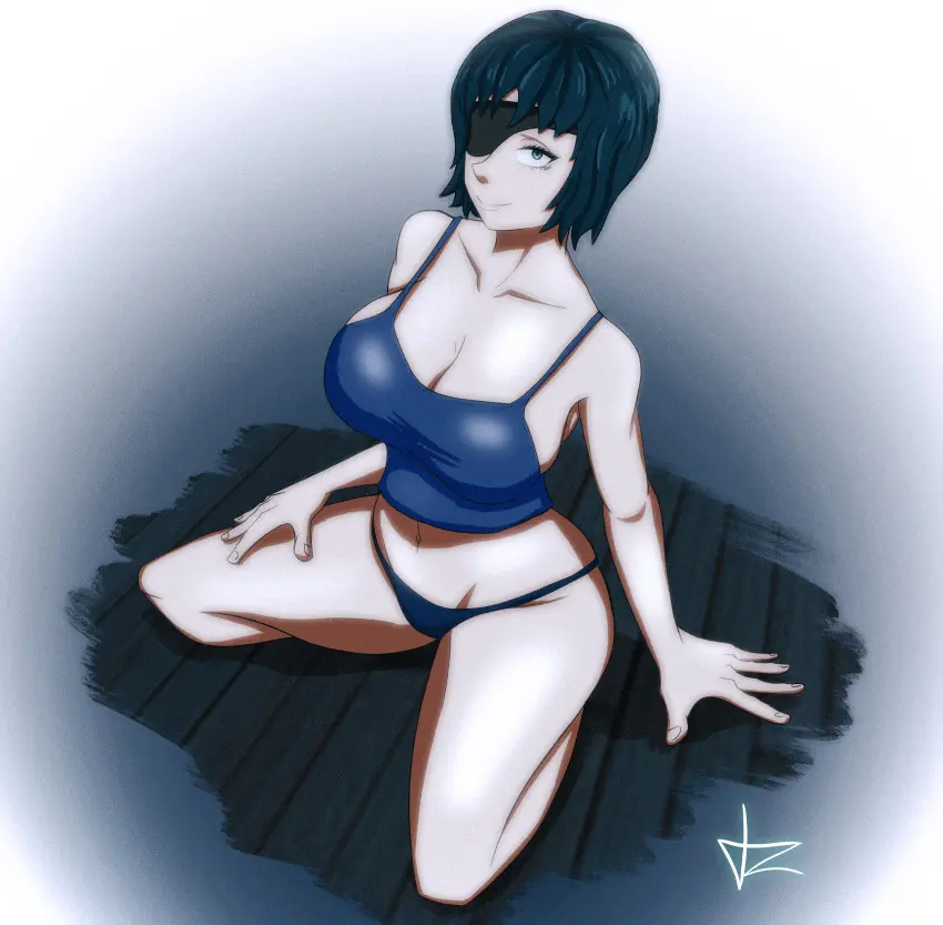 Image 1girls,big_breasts,breasts,female,female_only,looking_at_viewer,smile,solo,short_hair,panties,thighs,cleavage,solo_female,eyewear,hair,huge_breasts,green_eyes,black_panties,tank_top,topwear,dark_green_hair,chainsaw_man,bottomwear,eyepatch,hand_on_thigh,one_eye_obstructed,himeno_(chainsaw_man),danzq
