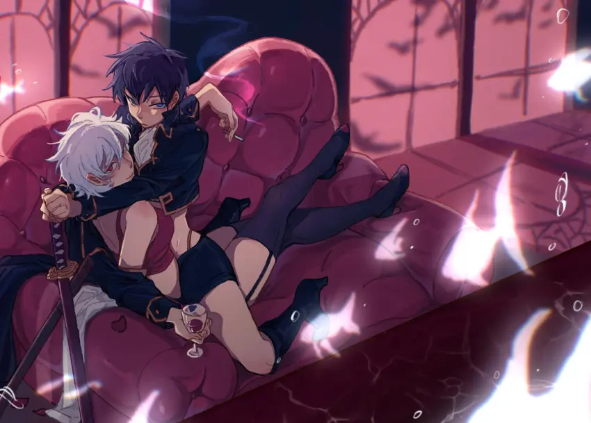 Image female,female_only,looking_at_viewer,red_eyes,smile,white_hair,2girls,black_hair,black_legwear,blue_eyes,short_hair,thighhighs,looking_back,stockings,twintails,straddling,high_heels,yuri,sitting_on_person,full_body,boots,sofa,detailed_background,rule_63,braided_hair,cigarette,smoking,sword,black_thighhighs,garter_straps,genderswap_(mtf),genderswap,wine,wine_glass,braids,police_uniform,policewoman,thong_straps,katana,police_officer,canon_genderswap,gintama,gintoki_sakata,hijikata_toshiro,hijikata_tenko,luciay94864612,ginko_sakata,shinsengumi_(gintama)