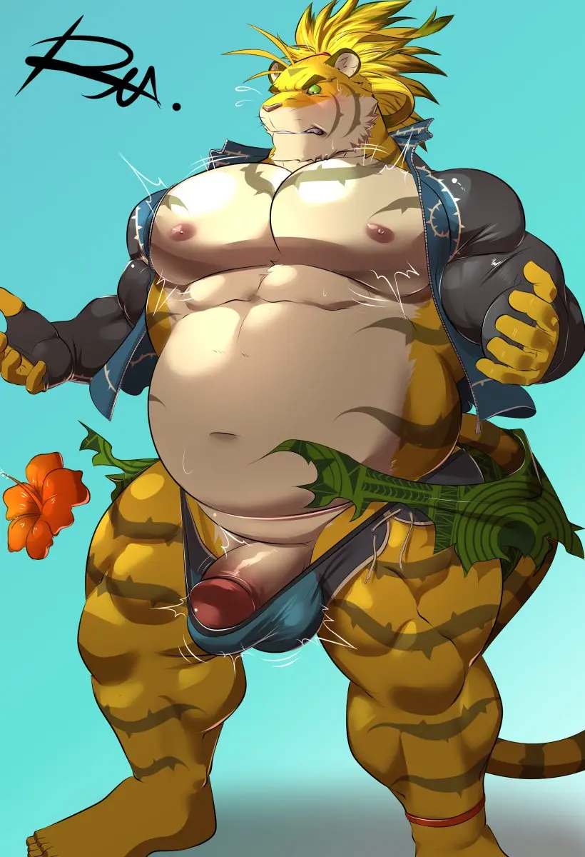 Image clothing,hi_res,looking_at_viewer,simple_background,solo,standing,1boy,male,navel,penis,tail,underwear,humanoid_penis,muscular,muscular_male,feet,male_only,belly,big_belly,digital_drawing_(artwork),digital_media_(artwork),jewelry,hair,anthro,blonde_hair,green_eyes,one_eye_closed,bulge,flaccid,fur,genitals,mammal,muscular_anthro,pecs,yellow_body,yellow_fur,jacket,foreskin,uncircumcised,biped,front_view,humanoid_genitalia,signature,toes,glans,transformation,topwear,big_bulge,heart_symbol,felid,anklet,overweight,humanoid_feet,humanoid_hands,obese,pantherine,stripes,tiger,lifewonders,overweight_male,tokyo_afterschool_summoners,2020,5_toes,plantigrade,striped_body,striped_fur,obese_anthro,overweight_anthro,musclegut,obese_male,body_size_growth,size_transformation,macan_(tokyo_afterschool_summoners),magan,reclamon