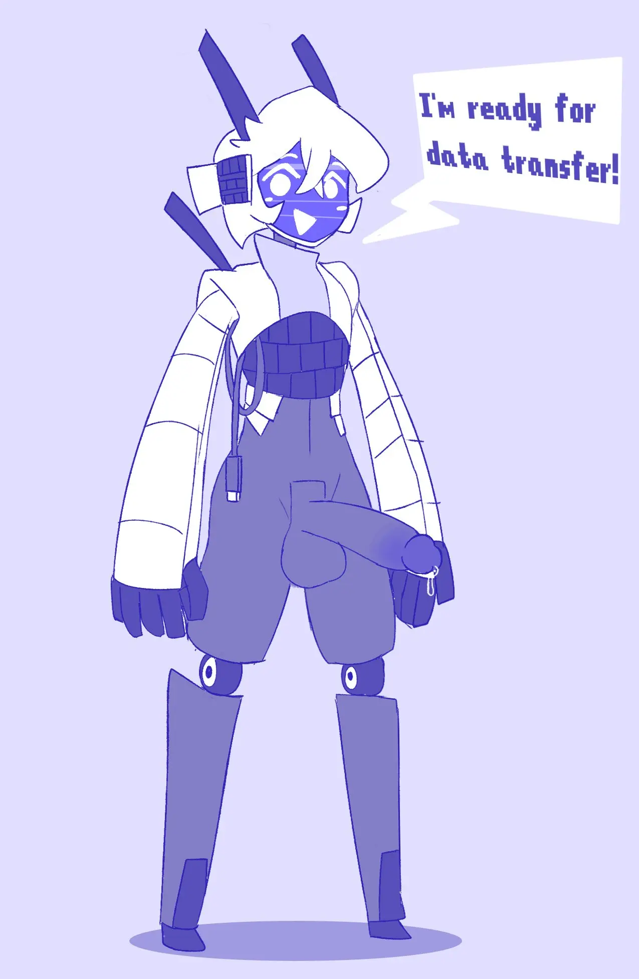 Image 2023,clothed,clothing,hi_res,simple_background,solo,standing,white_hair,male,penis,big_penis,humanoid,humanoid_penis,femboy,digital_drawing_(artwork),digital_media_(artwork),balls,hair,text,original,genital_fluids,bodily_fluids,genitals,precum,bottomless,skinny,english_text,purple_body,humanoid_genitalia,non-human,toony,talking_to_viewer,purple_background,machine,robot,robot_humanoid,leaking_precum,leaking_penis,cable,screen_face,amaruu,screen,1-88e_(amaruu),charging_cable