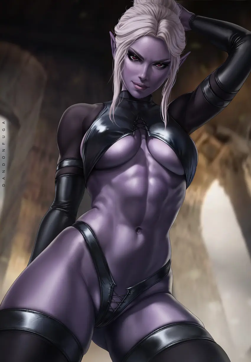Image 1girls,breasts,female,female_only,large_breasts,looking_at_viewer,red_eyes,shiny_skin,solo,standing,white_hair,black_gloves,navel,thick_thighs,artist_name,bare_shoulders,nose,solo_female,underboob,lips,elf,pointy_ears,indoors,cameltoe,latex,holding,elf_ears,elf_female,bondage,bodysuit,abs,colored_skin,femdom,skin_tight,baldur's_gate_3,dungeons_and_dragons,forgotten_realms,baldur's_gate,drow,crotchless,viewed_from_below,twitter_link,minthara,dandon_fuga
