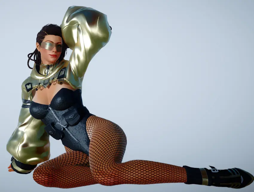 Image blush,breasts,female,female_only,looking_at_viewer,lying,small_breasts,thick_thighs,dark_skin,wide_hips,waist,green_eyes,curvy,curvy_female,pose,dark-skinned_female,medium_hair,video_games,latina,bandai_namco,leggings,video_game_character,lifting_leg,azucena_milagros_ortiz_castillo,namco,peruvian_female,tekken,tekken_8,lying_on_floor,mod