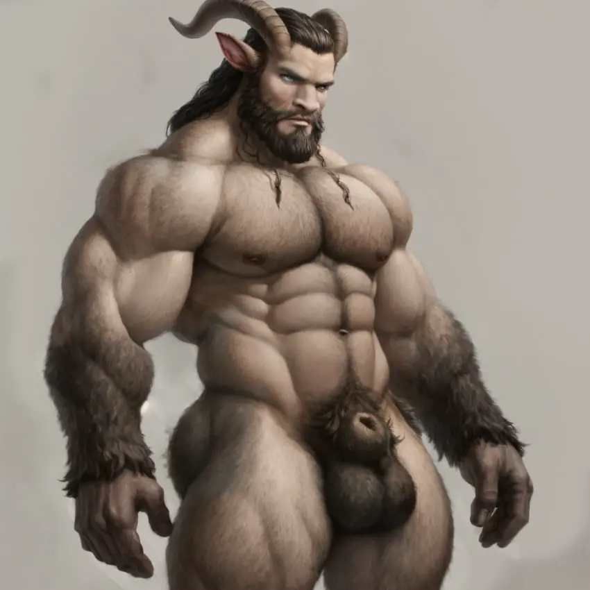 Image male,muscular,muscular_male,ai_generated,yaoi,bara,sheath,beard,ai_assisted,muscles,hairy,hairy_male,goat_horns,satyr,satyrman