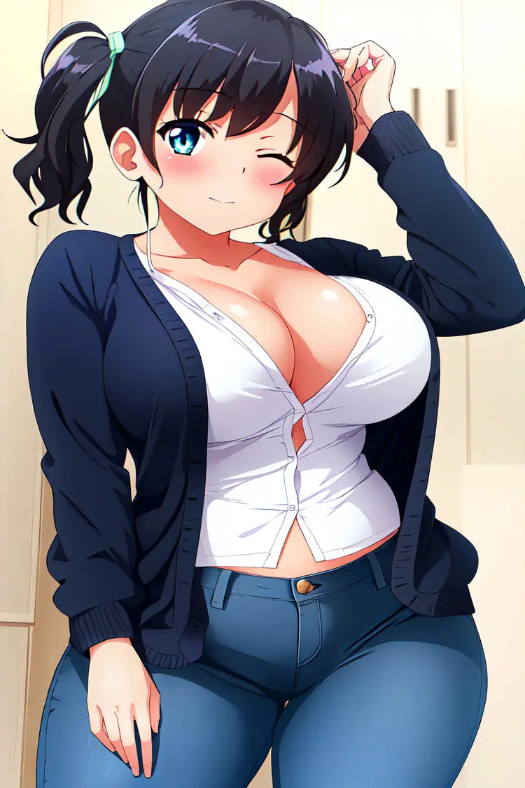 Image big_breasts,blush,breasts,female,female_only,hi_res,highres,shirt,smile,solo,black_hair,ai_generated,cleavage,one_eye_closed,stable_diffusion,original,busty,curvy,posing,twintails,white_shirt,jeans,blue_jeans,facing_viewer,anime_style,cardigan,seraphim_ai,tight_jeans,denim_jeans,blue_cardigan,open_cardigan