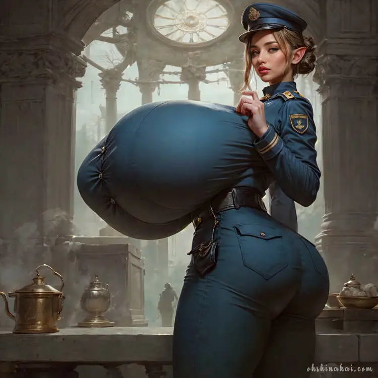 Image 1girls,breasts,female,looking_at_viewer,huge_ass,thick_thighs,ai_generated,huge_breasts,breasts_bigger_than_head,gigantic_breasts,ohshinakai,tagme,brown_hair,fit,fit_female,belt,blue_clothing,police_uniform,policewoman,denim_clothing,pointed_ears,police_hat,bursting_buttons,looking_left