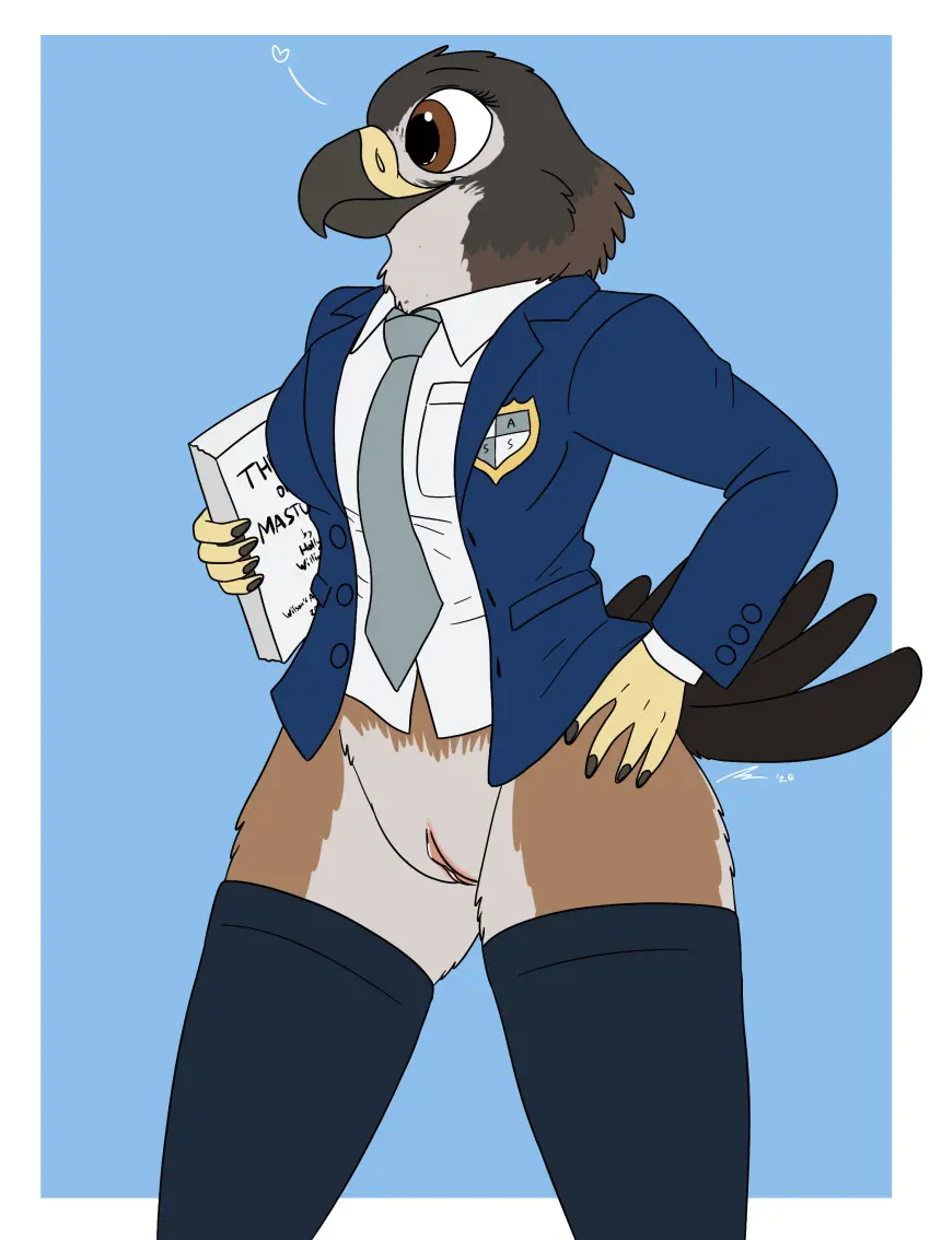 Image clothed,clothing,female,hi_res,long_sleeves,shirt,solo,pussy,tail,ass,anthro,anus,stockings,absurd_res,school_uniform,pose,genitals,dress_shirt,bottomless,legwear,necktie,avian,bird,bottomless_female,topwear,uniform,accipitrid,accipitriform,suit,exhibitionism,bottomless_anthro,fish_birb,buteo,holly_(fish_birb),swainson's_hawk