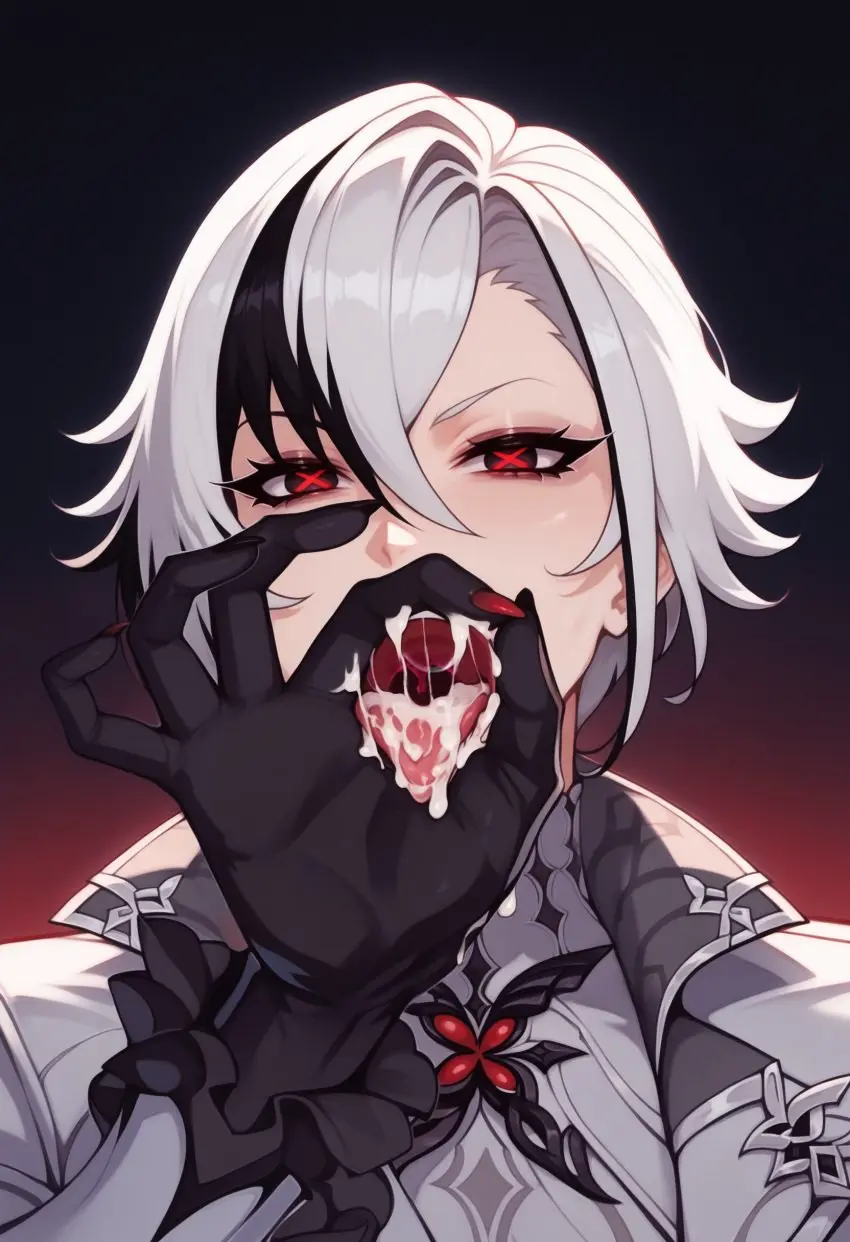 Image 1girls,female,looking_at_viewer,solo,white_hair,cum,cum_in_mouth,short_hair,symbol-shaped_pupils,tongue_out,tongue,multicolored_hair,two_tone_hair,ai_generated,genshin_impact,after_fellatio,black_eyes,upper_body,nails,arlecchino_(genshin_impact),fellatio_gesture,x-shaped_pupils,balecxi