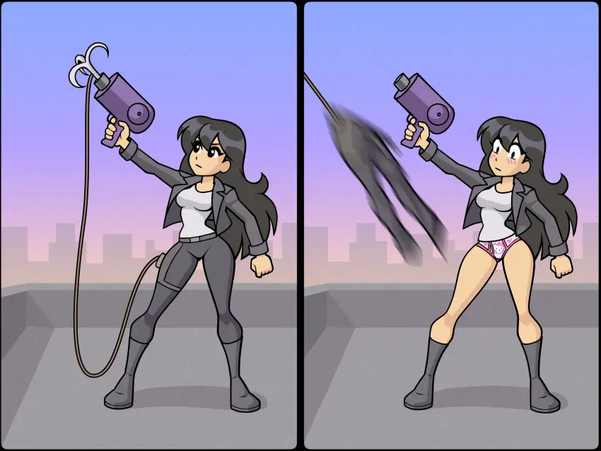 Image female,solo,panties,underwear,embarrassed,tagme,original,wardrobe_malfunction,sanrio,accidental_exposure,ripped_pants,hello_kitty,hello_kitty_(series),hello_kitty_(character),kitty_white,claudia_(dangercomics77),hello_kitty_panties,grappling_hook,guilhermerm