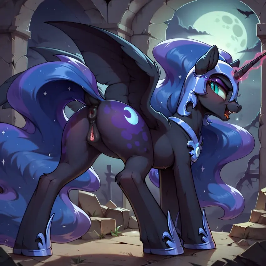 Image female,solo,pussy,ai_generated,anus,mammal,horn,friendship_is_magic,hasbro,my_little_pony,princess_luna_(mlp),animal_genitalia,feral,equid,equine,feral_only,horse,pony,quadruped,nightmare_moon_(mlp)
