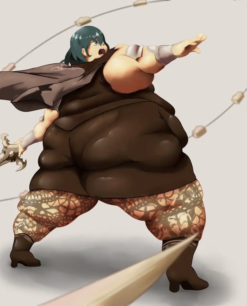 Image 1girls,female,nintendo,fire_emblem,fire_emblem:_three_houses,weapon,byleth_(fire_emblem),overweight,overweight_female,obese,leggings,bbw,weight_gain,byleth_(fire_emblem)_(female),seatbeltdraws,swell_reads