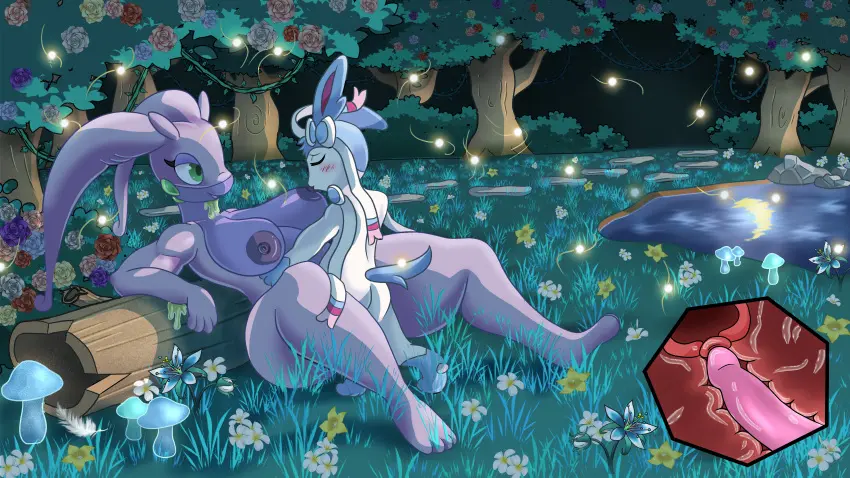 Image female,pokemon,pokemon_(species),artist_request,penetration,moon,couple_(romantic),sylveon,goodra,lake,garden,flowers,fireflies,shiny_sylveon