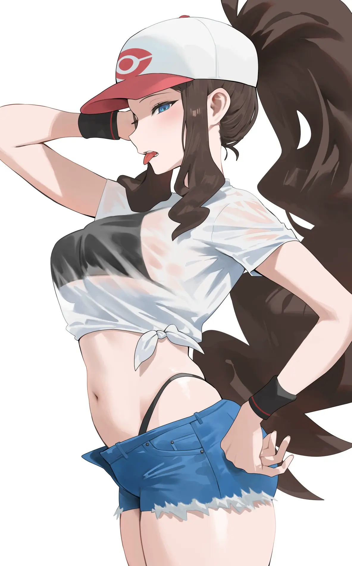 Image 1girls,breasts,female,female_only,large_breasts,light-skinned_female,light_skin,long_hair,simple_background,blue_eyes,pokemon,hat,thighs,ponytail,wet,brown_hair,nintendo,alternate_breast_size,revealing_clothes,see-through,shorts,skimpy,skimpy_clothes,see-through_clothing,hilda_(pokemon),wet_clothes,booty_shorts,game_freak,short_shorts,pokemon_bw,jean_shorts,thong_straps,hood_x_art,wet_t-shirt,panties_visible