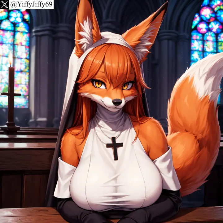 Image blush,breasts,female,large_breasts,long_hair,looking_at_viewer,smile,solo,animal_ears,bangs,tail,furry,animal_ear_fluff,watermark,ai_generated,artist_name,bare_shoulders,jewelry,anthro,furry_female,twitter,stable_diffusion,necklace,detached_sleeves,indoors,hair_between_eyes,canine,snout,closed_mouth,upper_body,fox_ears,fox_girl,fox_tail,body_fur,brown_fur,fox,orange_fur,church,cross_necklace,nun,twitter_username,cross,habit,animal_nose,yiffyjiffy69,stained_glass