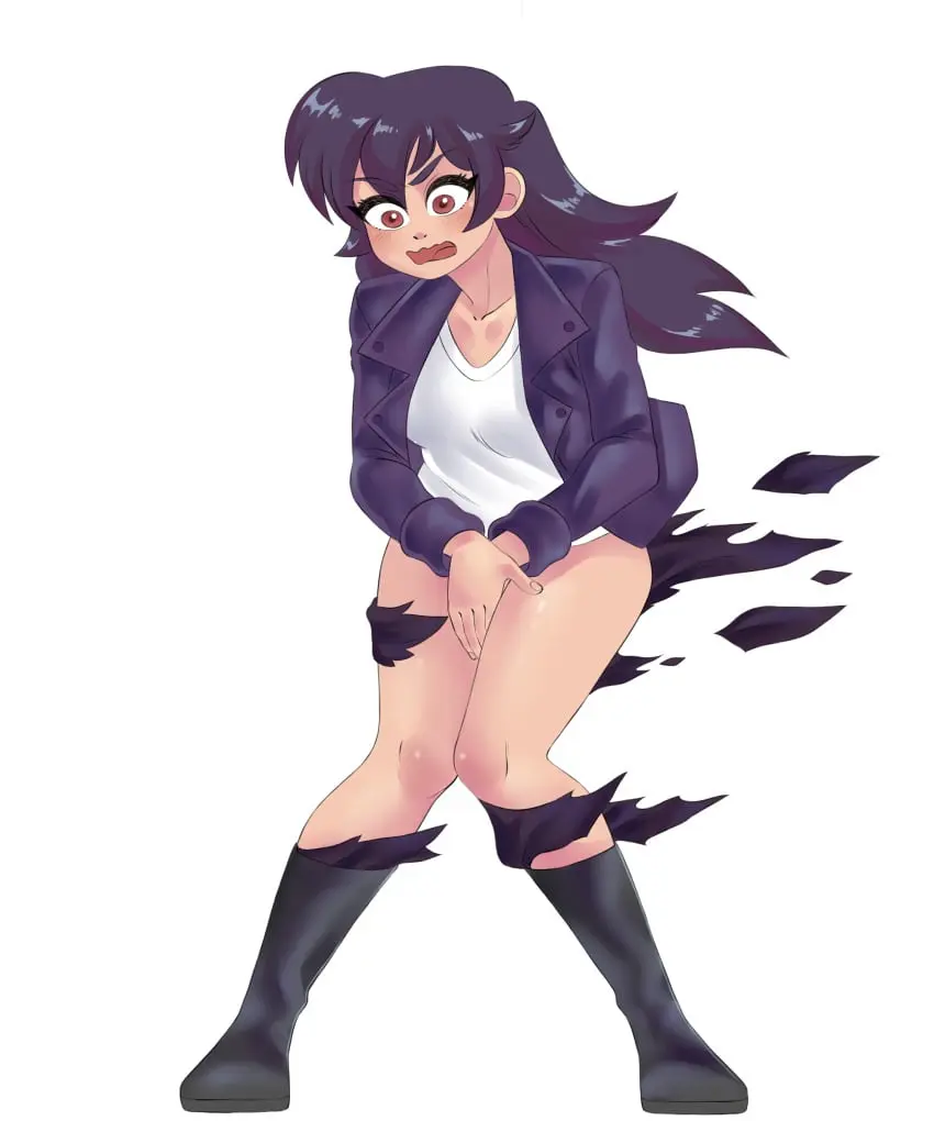 Image blush,female,solo,embarrassed,tagme,original,no_pants,covering,wardrobe_malfunction,good_artwork,implied_nudity,ripped_pants,claudia_(dangercomics77)