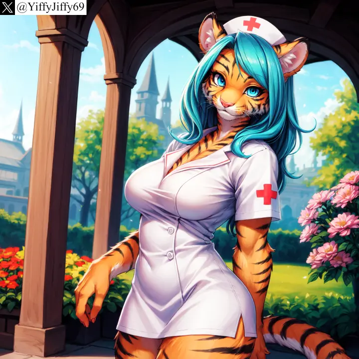 Image breasts,female,large_breasts,long_hair,looking_at_viewer,smile,solo,animal_ears,blue_eyes,blue_hair,tail,furry,hat,watermark,ai_generated,artist_name,cleavage,anthro,furry_female,twitter,stable_diffusion,dress,outdoors,white_dress,short_sleeves,flower,feline,orange_fur,day,tiger,twitter_username,nurse_cap,yiffyjiffy69,nurse,tiger_ears,tiger_girl,tiger_tail