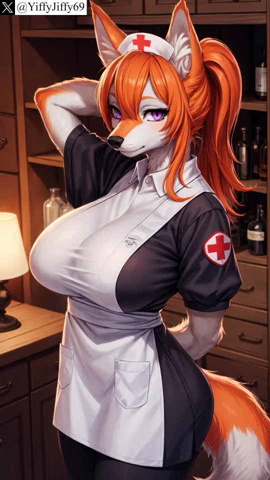 Image breasts,cowboy_shot,female,large_breasts,long_hair,looking_at_viewer,pocket,smile,solo,standing,animal_ears,bangs,sidelocks,tail,furry,hat,ponytail,animal_ear_fluff,watermark,ai_generated,artist_name,orange_hair,anthro,furry_female,twitter,stable_diffusion,dress,purple_eyes,indoors,hair_between_eyes,canine,snout,closed_mouth,short_sleeves,fox_ears,fox_girl,fox_tail,body_fur,fox,white_fur,arm_up,arm_behind_back,arm_behind_head,twitter_username,cross,nurse_cap,red_cross,animal_nose,yiffyjiffy69,nurse