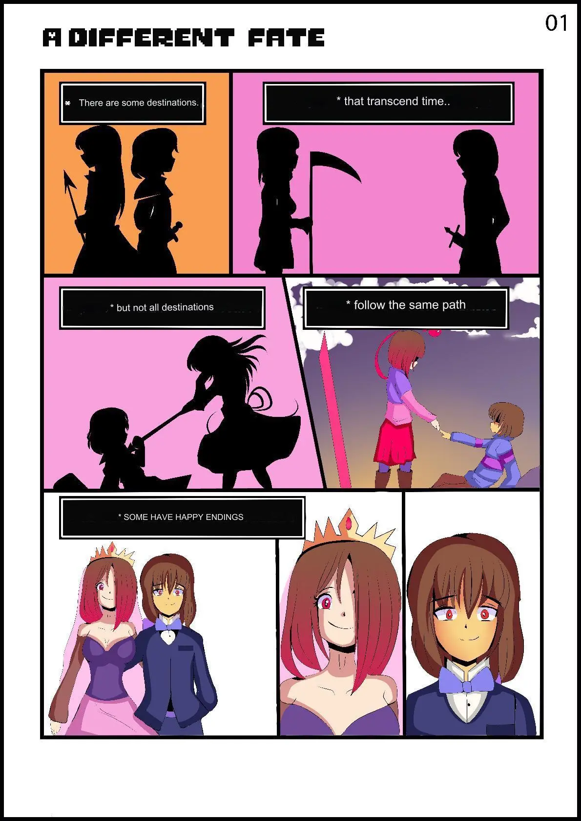 Image red_eyes,red_hair,brown_hair,undertale,wholesome,pink_background,indigopencil,frisk,orange_background,undertale_au,marriage,akumu_(glitchtale),bete_noire,betty_noire,glitchtale