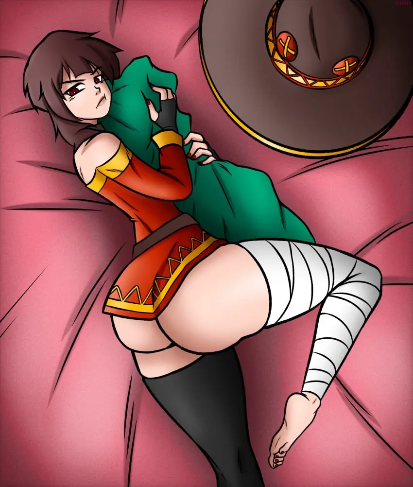 Image 1girls,female,female_only,red_eyes,thighhighs,big_ass,big_butt,bottom_heavy,bubble_butt,female_focus,huge_ass,thick_thighs,thighs,feet_up,brown_hair,laying_down,flat_chest,hugging,kono_subarashii_sekai_ni_shukufuku_wo!,laying_on_bed,megumin,hugging_pillow,zirot