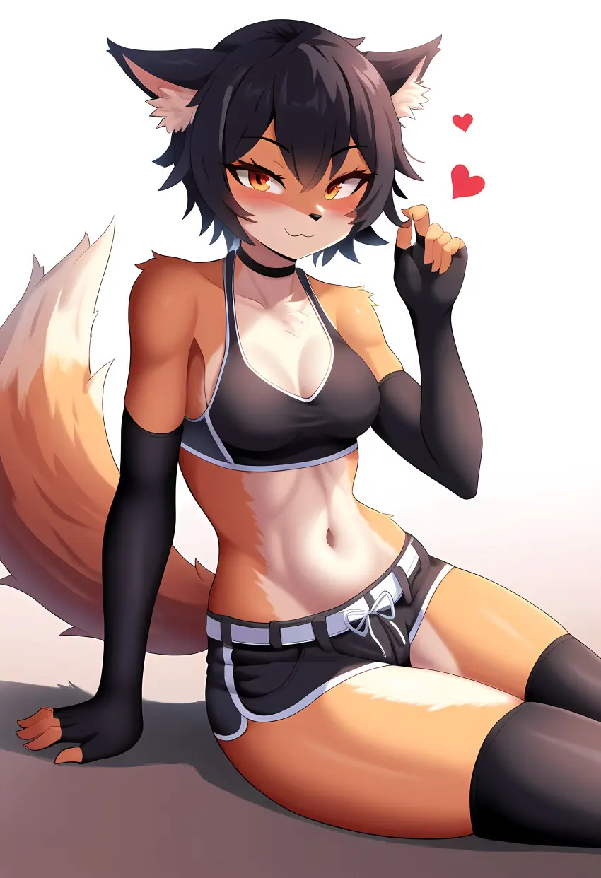 Image female,looking_at_viewer,elbow_gloves,navel,thighhighs,furry,athletic,ai_generated,sports_bra,midriff,anthro,fox_ears,fox_girl,fox_tail,heart,shorts,body_fur,athletic_female,novelai,short_shorts,love_hearts