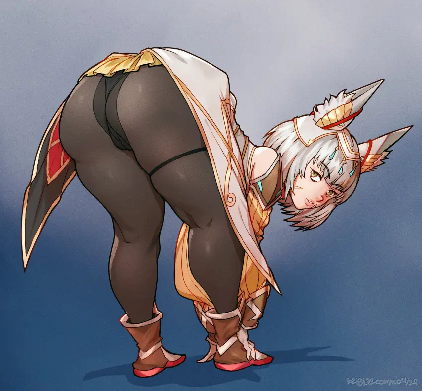 Image female,looking_at_viewer,ass,huge_ass,thick_thighs,catgirl,ass_focus,xenoblade_(series),leggings,xenoblade_chronicles_3,tights,commissioner_upload,nia,blade_(xenoblade),keigi_(artist),queen_nia