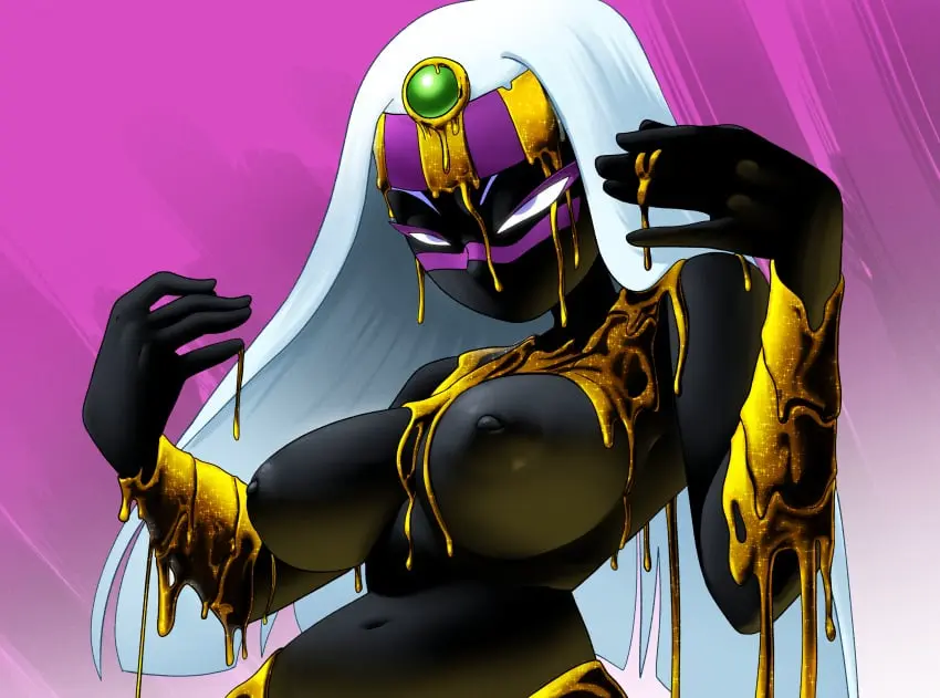 Image female,nipples,white_hair,navel,purple_eyes,necklace,topless,black_skin,no_mouth,black_body,belt,topless_female,facial_mark,alien,alien_girl,crown,looney_tunes,warner_brothers,alien_humanoid,duck_dodgers,martian,martian_(duck_dodgers),queen_tyr'ahnee,coolerinker,inker_comics,inkershike,melting_clothes,armbands