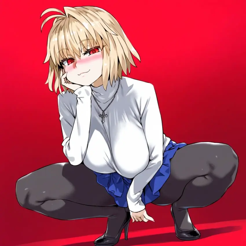 Image 1girls,big_breasts,blush,breasts,female,large_breasts,looking_at_viewer,red_eyes,simple_background,smile,solo,thick_thighs,thighs,ai_generated,solo_female,solo_focus,huge_breasts,blonde_hair,necklace,hair_intakes,squatting,red_background,type-moon,melty_blood,yamatoai,arcueid_brunestud,tsukihime