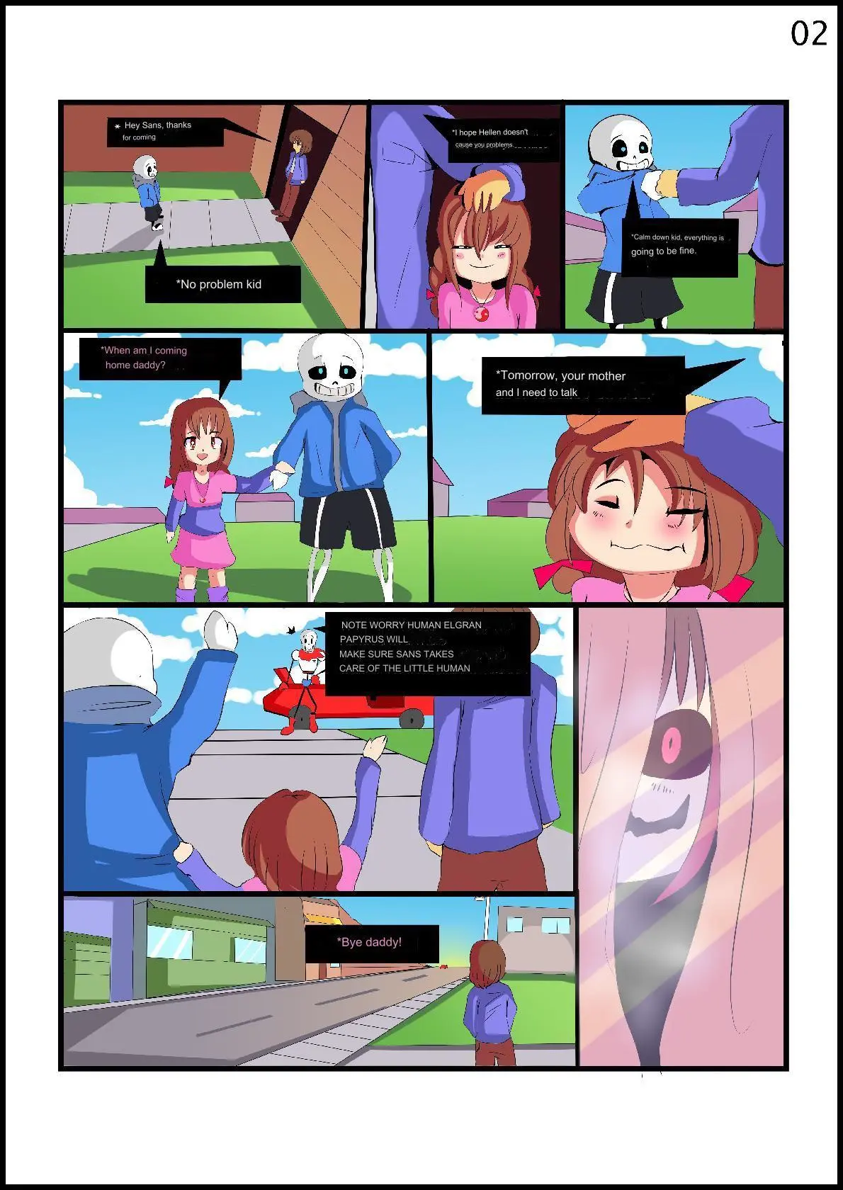 Image long_hair,red_eyes,red_hair,brown_hair,wholesome,sans,skeleton,red_ribbon,indigopencil,frisk,papyrus,bete_noire,betty_noire,glitchtale