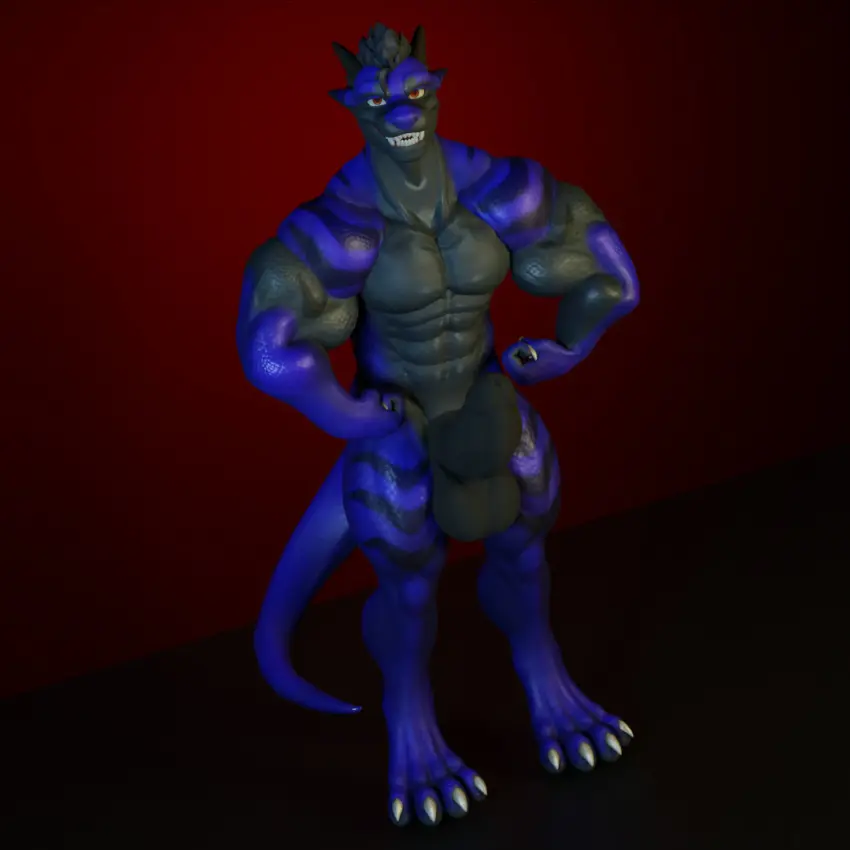 Image looking_at_viewer,simple_background,solo,male,nude,penis,big_penis,erection,humanoid_penis,muscular,muscular_male,mythology,genitals,scalie,humanoid_genitalia,mythological_creature,dragon,mythological_scalie,black_penis,red_background,flexing,flexing_bicep,dergdrister,drister_(dergdrister),flexing_both_biceps,mischievous_smile