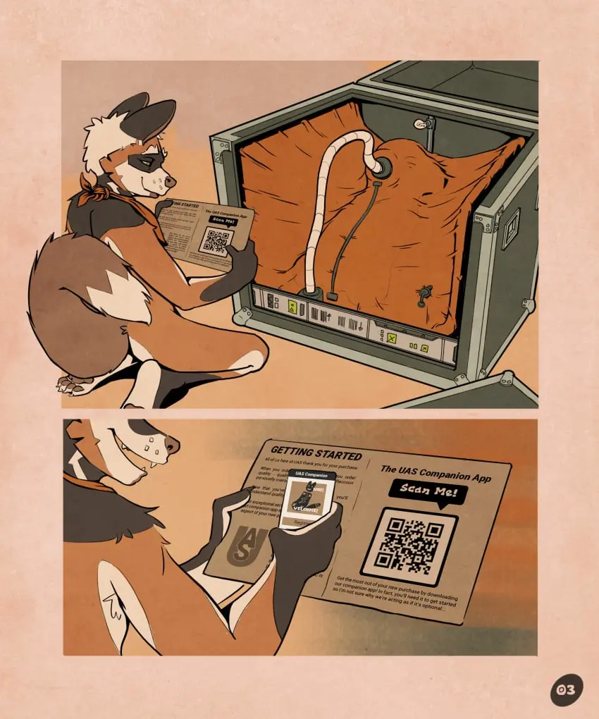 Image hi_res,male,nude,anthro,absurd_res,comic,canid,canine,mammal,latex,bondage,electronics,fox,phone,bound,true_fox,red_fox,kerchief,cross_fox,obrien_(artist),vacuum_bed,instructions