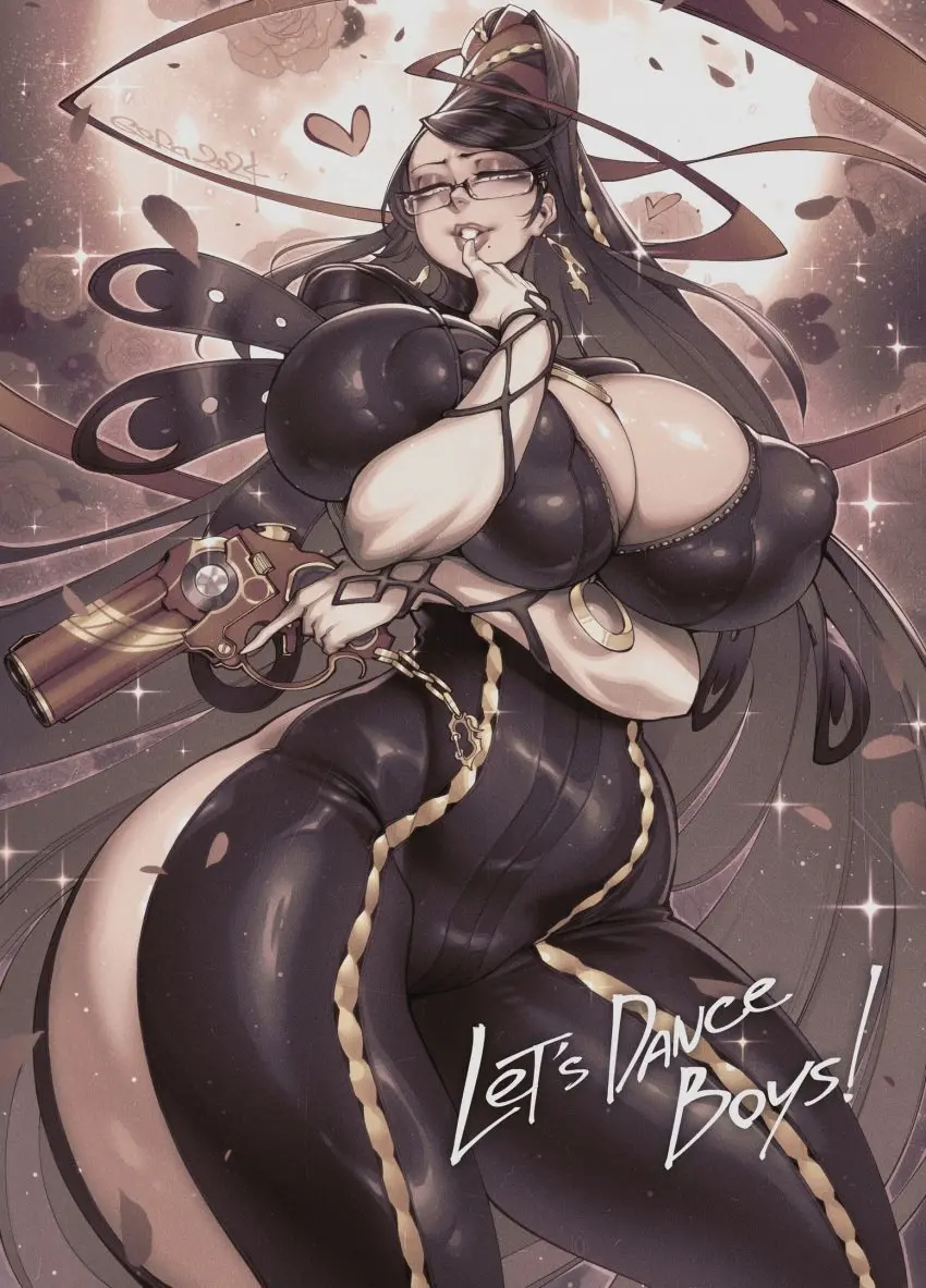 Image big_breasts,breasts,clothing,female,large_breasts,long_hair,looking_at_viewer,solo,very_long_hair,black_hair,blue_eyes,elbow_gloves,gloves,thick_thighs,artist_name,clothes,glasses,huge_breasts,voluptuous_female,cleavage_cutout,hair_ribbon,mole,curvy_female,artist_signature,white_gloves,holding,eyeshadow,heart,narrowed_eyes,bodysuit,mole_under_mouth,thunder_thighs,swept_bangs,holding_weapon,weapon,fully_clothed,hair_bun,black_bodysuit,red_ribbon,gun,bayonetta,bayonetta_(character),massive_thighs,holding_gun,finger_to_mouth,rose_(flower),hyper_thighs,clothing_cutout,purple_eyeshadow,red_ribbon_in_hair,vintage,rose_petals,gofa,thigh_cutout
