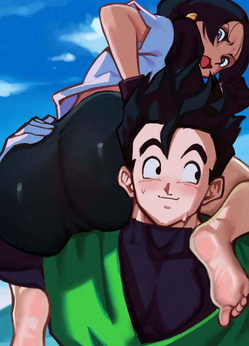 Image blush,female,highres,open_mouth,smile,1boy,black_hair,blue_eyes,gloves,male,ass,huge_ass,barefoot,muscular,muscular_male,feet,from_behind,2d,anus,dragon_ball,dragon_ball_z,cameltoe,twintails,soles,black_eyes,ass_focus,ass_grab,fully_clothed,toes,spiked_hair,full_color,no_penetration,no_sex,son_gohan,videl,roropull,videl_(long_hair),covered_anus