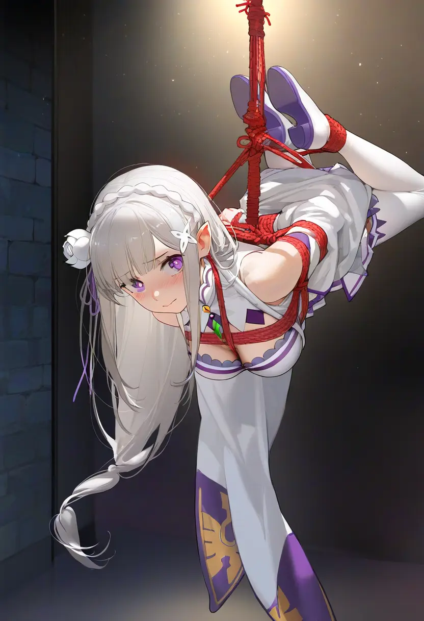 Image big_breasts,breasts,female,hair_ornament,light-skinned_female,light_skin,long_hair,very_long_hair,white_hair,male,flower_in_hair,ai_generated,male/female,elf,pointy_ears,purple_eyes,re:zero_kara_hajimeru_isekai_seikatsu,elf_ears,elf_female,elf_girl,princess,silver_hair,royalty,half-elf,emilia_(re:zero),flower_ornament,thighhigh_boots,binding