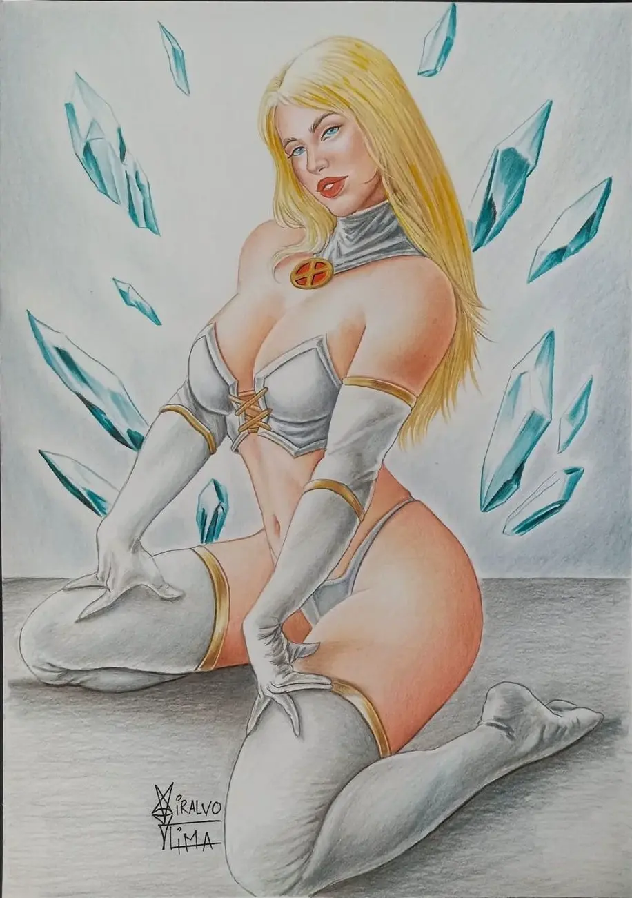 Image breasts,female,female_only,large_breasts,blue_eyes,navel,thighhighs,choker,panties,kneeling,blonde_hair,curvy,curvy_female,marvel,marvel_comics,x-men,emma_frost,hellfire_club,white_queen,opera_gloves,miralvo_lima,new_x-men