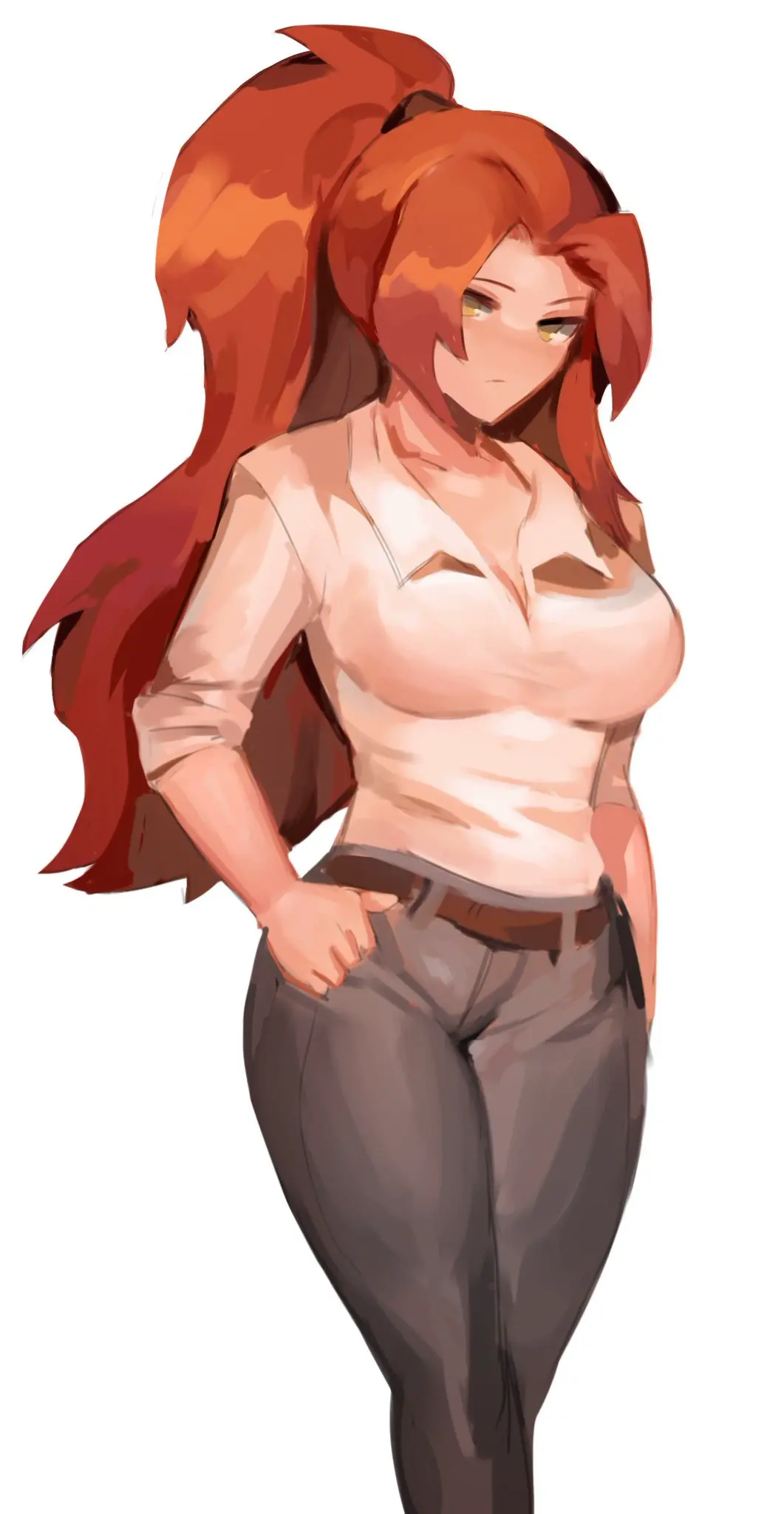 Image 1girls,big_breasts,breasts,female,looking_at_viewer,white_background,yellow_eyes,red_hair,thick_thighs,ponytail,milf,muscular,muscular_female,gebura_(lobotomy_corporation),library_of_ruina,project_moon,business_suit,better_version_at_source,twitter_sample,lobotomy_corporation,morchkins,business_woman
