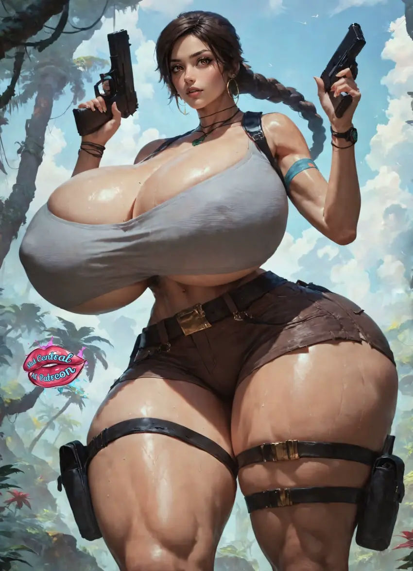 Image 1girls,big_breasts,breasts,female,female_only,looking_at_viewer,solo,thick_thighs,wide_hips,ai_generated,cleavage,solo_female,underboob,huge_breasts,cleavage_overflow,gigantic_breasts,massive_breasts,holding_weapon,bursting_breasts,slutcentralai,lara_croft,tomb_raider