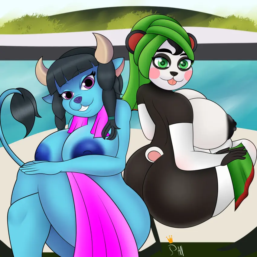 Image big_breasts,breasts,female,female_only,looking_at_viewer,big_ass,seductive_look,thick_thighs,magenta_eyes,green_eyes,voluptuous_female,inviting,twintails,fully_nude,female/female,bear,activision,spyro_the_dragon,detailed_background,looking_back_at_viewer,sitting_on_floor,blue_skin,panda,blue_areola,crossed_legs,giant_panda,faun_(spyro),black_areola,towel_on_shoulder,towel_around_neck,crash_(series),reypan,towel_on_head,hotsprings,crash_team_racing_nitro-fueled,hands_on_own_legs,spinner_(spyro),yaya_panda