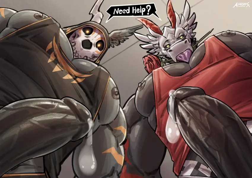 Image clothing,hi_res,nipples,shirt,male,penis,tongue_out,tongue,duo,erection,humanoid_penis,muscular,muscular_male,male_only,digital_drawing_(artwork),digital_media_(artwork),mythology,glowing_eyes,genital_fluids,bodily_fluids,genitals,low-angle_view,precum,pecs,precum_drip,scalie,dripping,humanoid_genitalia,speech_bubble,tank_top,glans,mythological_creature,topwear,dragon,mythological_scalie,talking_to_viewer,glowing,skull,bone,skull_head,amon-sydonai,flower_in_mouth,vassago_(amon-sydonai)