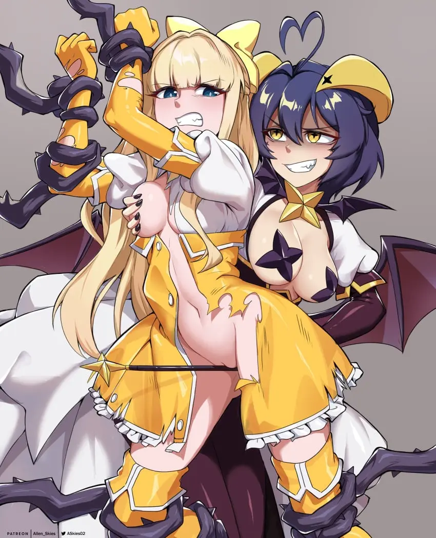 Image bow,breasts,exposed_breasts,female,female_only,hairbow,highres,long_hair,simple_background,smile,2girls,absurdres,blue_eyes,blunt_bangs,gloves,multiple_girls,navel,pussy,short_hair,yellow_eyes,patreon_username,horns,jewelry,low_wings,wings,blonde_hair,medium_breasts,nail_polish,teenage_girl,ahoge,hair_between_eyes,demon_wings,grabbing,grabbing_another's_breast,grabbing_from_behind,looking_at_another,short_sleeves,yuri,ribbon,pasties,breast_grab,forced,bondage,rape,grey_background,female/female,torn_clothes,pussy_lips,femsub,exposed_pussy,commission,villainess,girls_only,lesbian,painted_nails,black_nails,one_breast_out,cleft_of_venus,star_(symbol),bound,puffy_sleeves,twitter_username,innie_pussy,star_pasties,magical_girl,vulva,defeated_heroine,labia,forced_yuri,mons_pubis,mound_of_venus,mahou_shoujo_ni_akogarete,thorns,nonconsensual,linea_alba,magical_girl_outfit,labia_majora,puffy_short_sleeves,brooch,hiiragi_utena,magia_baiser,magia_sulphur,tenkawa_kaoruko,yellow_bow,yellow_horns,between_labia,star_brooch,villainess_on_heroine,allen_skies,allen_skies02